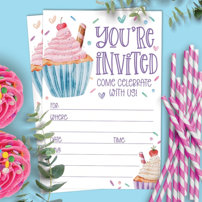 Cupcake Invitations Birthday (20 Count With Envelopes) - Watercolor Cupcakes