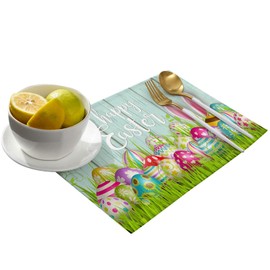 Easter Placemats Set of 6, Cotton Linen Heat Resistant Table Mats Non-Slip Washable Happy Easter Colorful Eggs Rabbit Wood Grain Placemat for Holiday Banquet Dining Kitchen Table Decor