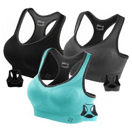 Fittin Womens Padded Sports Bras Wire Free with Removable Pads Grey/black/Blue ,L ,(Pack of 3)