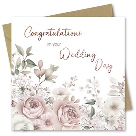 Wedding Card for bride and groom Congratulations on your Wedding Day. Floral Design with Rose Gold Foiled text. 150x50mm. Supplied with Kraft envelope.