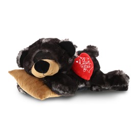 DolliBu I Love You Valentine Plush Sleeping Black Bear with Pillow - Cute Soft Cuddly Stuffed Animal with Red Heart Gift for Valentines Day, Birthday Present, Anniversary, Romantic Date - 10 Inches