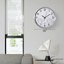 Clockswise 16-inch Non-Ticking Quartz Wall Clock with Thermometer & Hygrometer - Battery Operated Aluminum Analog Clock for Temperature & Humidity Monitoring - Ideal for Home, Office or School, Silver