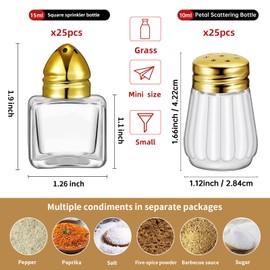 50 Set 2 Styles Mini Salt and Pepper Shakers Bulk, Small Cube Glass Spice Shaker Container with Stainless Steel Lid for Kitchen Restaurant Travel Home Camp Party Supplies (Gold)