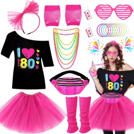 80s Fancy Dress Accessories for Women, Including T-Shirt Tutu Skirt Bumbag Leg Warmers Gloves Glasses Headband Earrings Necklace Bracelets 1980s Costume Outfits for Ladies Girls Hen Party