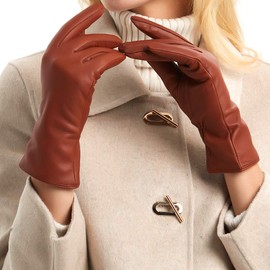 Women's Winter Leather Gloves Nappa Lambskin Touch Screen Gloves Warm Cashmere Lined,Cognac,S