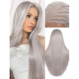FAVE 26 Inch Grey Wig 13x4 Synthetic Lace Front Wig Heat-Resistant Silver Long Straight Lace Front Wigs Pre-Plucked Natural Hairline Ready to Wear Wigs Grey Wigs for Women