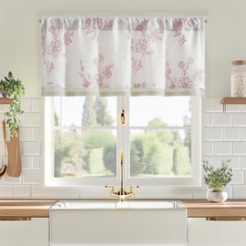 jinchan Red Floral Valance Red Embroidered Kitchen Curtain Sheer Voile Linen Double Layer Valance for Living Room Botanic Farmhouse Rustic Country Light Filtering Curtain 18 Inch Rod Pocket 1 Panel