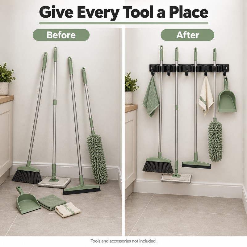 Wall-Mounted Broom and Mop Holder – 4 Slots and 5