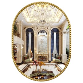 JIINGYO Oval Mirror for Wall, 24x32 Inch Gold Oval Bathroom Mirror, Antigue Gold Vanity Mirrors, Metal Floral Frame Mirror for Bedroom Living Room Hallway, Hangs Horizontally or Vertically