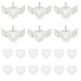 PATIKIL 1" Blank Picture Pendants, 6Pcs Metal Wing Heart Rhinestone Bezel Pendant Trays with 12Pcs Glass Discs for Photo Pendants DIY Crafts Making, Silver Tone