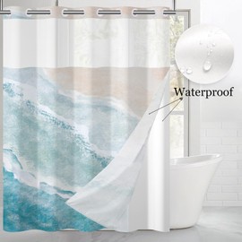Caheansi No Hook Shower Curtain with Snap in Liner, Hotel Style Teal Blue Nautical Coastal Ocean Beach Themed Shower Curtain Waterpoof Washable with See Through Top Window,71"x74"