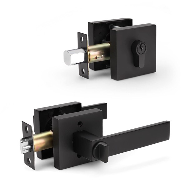 KNOBWELL Heavy Duty Exterior Door Knob with Double Cylinder Deadbolt, Solid Steel Square Entry Door Handle Lever with Deadbolt Set for Front Door or Office, Matte Black Finish,1 Pack