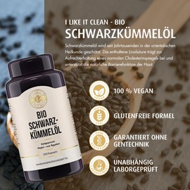 I-like-it-Clean® - Organic Black Cumin Oil Capsules - 500 mg Oil per Capsule - 240 Capsules - Vegan, Organic, Cold Pressed - 50% Linoleic Acid - from Egypt