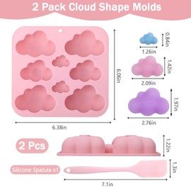 2 Pack Cloud Silicone Molds, 3D Cute Cloud Shape Baking Mold Chocolate Molds Fondant Molds Ice Cube Tray DIY Baking Tool for Jelly Cookie Candy Macaron Handmade Soap Cloud Decorations, with 1 Spatula