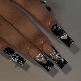 MISUD Presione Sobre Uñas Uñas Falsas Cuadradas Largas Pegamento Brillante En Uñas Negro Punta Francesa Uñas Acrílicas Squoval Uñas Artificiales Estrella Rhinestone Palo En Uñas Postizas Con Diseño 24