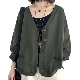 Emmé Rousset Women's Cardigan w/ Pockets, Available in 6 Colors, Long-Sleeve, V-Neck, Simple, Cover-up, Loose-Fitting, Stylish, Ladies’, Khaki