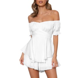 Kouoybt Women Romper Dress Off Shoulder Ruffle Mini Dress Puff Sleeve Short Jumpsuit Layered A Line Flowy Swing Beach Summer Dresses (A-White, S)