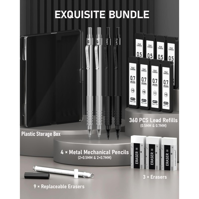 Four Candies 4PCS Metal Mechanical Pencils Set with Case, 0.5mm