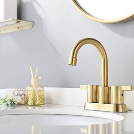 Brushed Gold 4 Inch 2 Handle Centerset Lead-Free Bathroom Faucet, Swivel Spout with Copper Pop Up Drain and 2 Water Supply Lines, BF015-1-BG