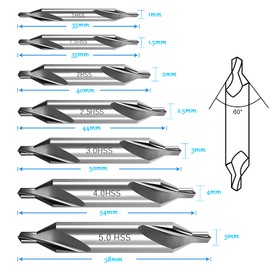 GOOMAND 7 Pcs Center Drill Bit 60 Degree Angle 1mm/ 1.5mm/2.5mm/3mm/4mm/5mm Chamfering Screw Hole Tool Carbide Center Drill 60° Suitable for Metalworking, Lathes, Woodworking