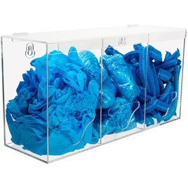 SEANADO Clear Acrylic Glove Holder Dispenser with Lid, 3 Compartments Hygiene Station Storage Box for Beard Nets, Hairnets, Plastic Bags, Shoe Cover - Wall Mount or Tabletop