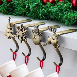 OUFINI Christmas Stocking Holders Set 4: Mantel Hangers With Bronze Hooks for Fireplace