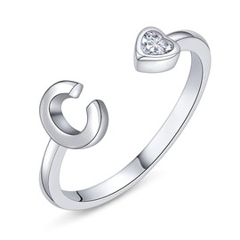 PEARLOVE 925 Sterling Silver Initial Rings for Women Girls A-Z Stackable Adjustable Silver Ring Jewelry Gifts