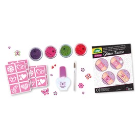 Lena 42440 Fashion Glitter Tattoo Set, Fashion Set for Styling and Decorating with 4 Glitter Colours, Brush, Latex and Ten Stencils, Washable Body Jewellery for Girls from 6 Years