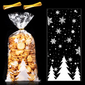 MELLIEX Pack of 100 Snowflake Christmas Cookie Bags, Transparent Cellophane Bags, Christmas Candy Bags, Candy Bar Bags with Twist Ties
