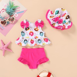 Happy Town Toddler Swimsuit Baby Girl Bathing Suit Sleeveless Bow Floral Bikini Top Ruffle Shorts with Hat Beach Swim Wear (Doughnut, 12-18 Months)
