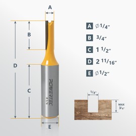 POWERTEC Straight Router Bit - 1/4" Cutting Diameter, 1/2" Shank, Tungsten Carbide, 3/4" Depth & 2-11/16" Overall Length - Fits CNC, Handheld & Plunge Routers, 1PK (73051)