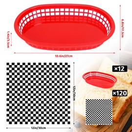 Hslife 120 Sheets Black Checkered Deli Liners and 12 Red Fast Food Baskets, Classic Deli Baskets with Red Checkered Dry Waxed Deli Paper(12'')