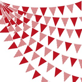 32Ft Red Gingham Party Decorations Red White Plaid Checkered Triangle Flag Pennant Fabric Garland for Birthday Baby Shower Carnival Picnic Pizza Hot Dog Farm Apple Italian Summer Party Supplies