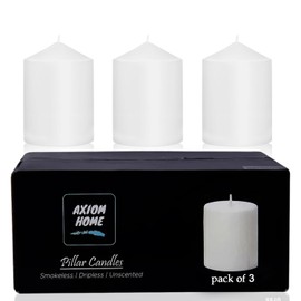 Axiom – Set of 3 3"x 4" White Pillar Candles, Long Lasting Burning - Unscented Smokeless Candles – Perfect for Weddings, Parties, Valentine's Day, and Home Décor (Medium White)