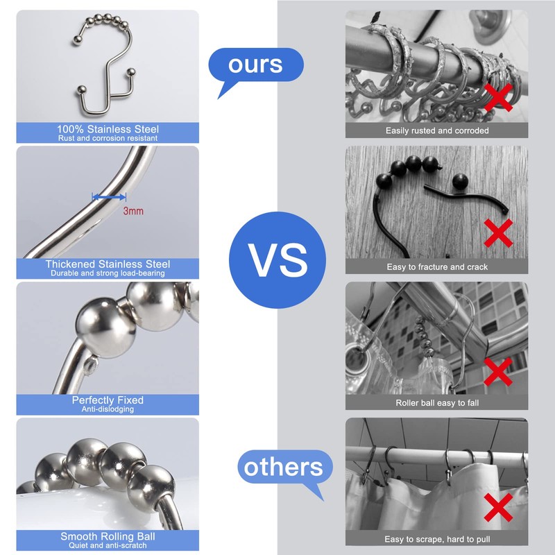 SUTINE Shower Curtain Hooks, 12 Pcs Double Shower Curtain Hooks
