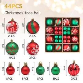 VOPIWOZ Pack of 44 Christmas Tree Baubles, Christmas Tree Decorations Red Green Christmas Tree Baubles, 12 Pieces 6 cm and 32 Pieces 3 cm, Weatherproof Christmas Baubles for Christmas Decoration