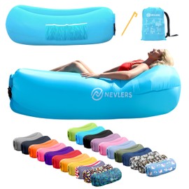 Nevlers Blue Inflatable Couch | 210T Polyester Blow Up Couch | No-Pump Inflatable Sofa | Blow Up Chair w/ 450lbs. Capacity, Pockets & Matching Bag | Compact Lounger for use as Beach Accessories