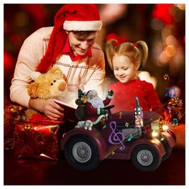 YUETJIN Musical Lighting Christmas Santa on Tractor Figurine Indoor Decoration, Gift for Kid & Friend, Holiday Resin Santa Statue with Dog Sculpture for Home & Office