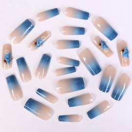 Long Square Press on Nails Light Blue Gradient French Tips Fake Nails Blue Glitter False Nails Glue on Nails with Flower Design Nails Press on Acrylic Nails Full Cover Stick on Nails for Women