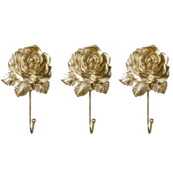 OPENDGO Rose Resin Golden Wall Hooks Wall Mounted Creative Flower