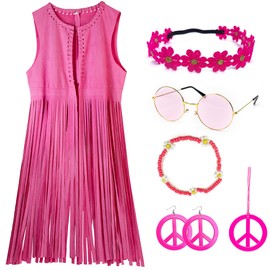 KitChocoLot Hippie Women's Vest Costume Set, 7 Pieces, 60s 70s Outfit, Women's Hippie Clothing, Fringe Vest for Carnival, Vintage Pink (M)