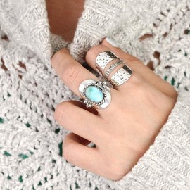 LRGKMCWTOB 925 Silver Ring Bohemian Jewelry Emerald Ring Silver Bohemia Turquoise Ring Women Oval Gemstone Boho Jewelry Vintage Sterling Silver Ring Turquoise Moonstone Rings (Size 11）