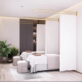 Privacy Partition Curtains, U-Shape Room Divider, Metal Support Wall Mounted Curtains, 6.56ft White Flat Hooks Medical Curtain for Fitting Room Beauty Salon Bedroom (White, 6.56ft)