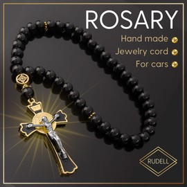 RUDELL Car Rosary for Rearview Vehicle Mirror, Rosary Beads Catholic for Women, Black Rosary for Men, Cross for Car Mirror Hanging, Medal Cross Saint Benedict Rosary for Car & Truck - Christian Gift
