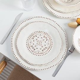 LEHAHA Beaded Crackle 12 Piece Melamine Camping Dinnerware Set, Plates and Bowls Sets, Indoor and Outdoor Use, Break-Resistant Rustic RV Dishes Set, Service for 4(Ivory)…