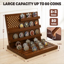 Challenge Coin Display, Solid Wood Military Holder Up to 80 Coins