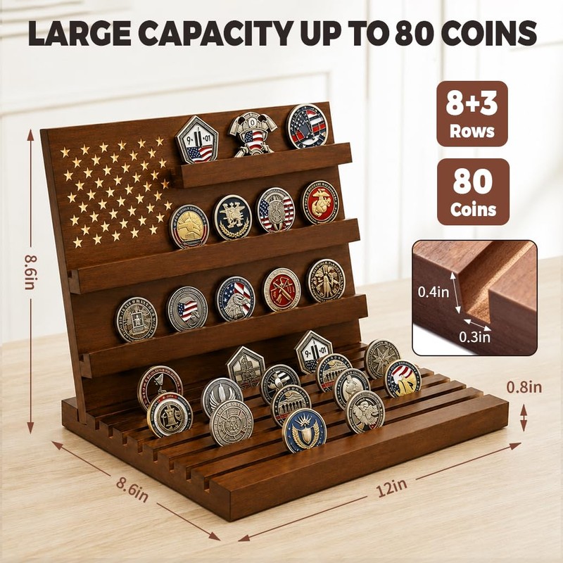 Challenge Coin Display, Solid Wood Military Holder Up to 80
