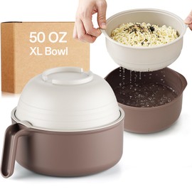 50 oz Large Ramen Bowl, Microwave Ramen Cooker Fit 2 Packs of Ramen, Noodle Pasta Cooker with Lid and Strainer, Steamer for Vegetables, College Dorm Essentials for Girls Guys (Beige)
