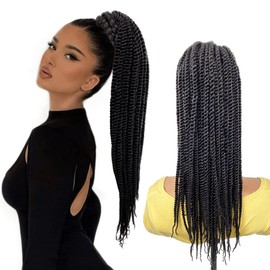 VAVANGA Senegalese Twist Braid Ponytail 20inch, Long Black 2X Twist Braids Drawstring Ponytail Extension Hairpiece Bun Clip-in Braided Pony for Black Women 42 strands(1B#, 20”)