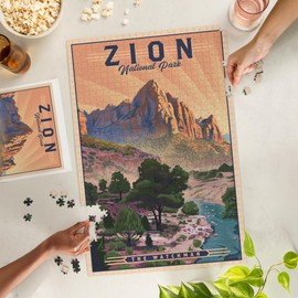 Lantern Press 1000 Piece Jigsaw Puzzle, Zion National Park, Utah, The Watchman, Lithograph National Park Series